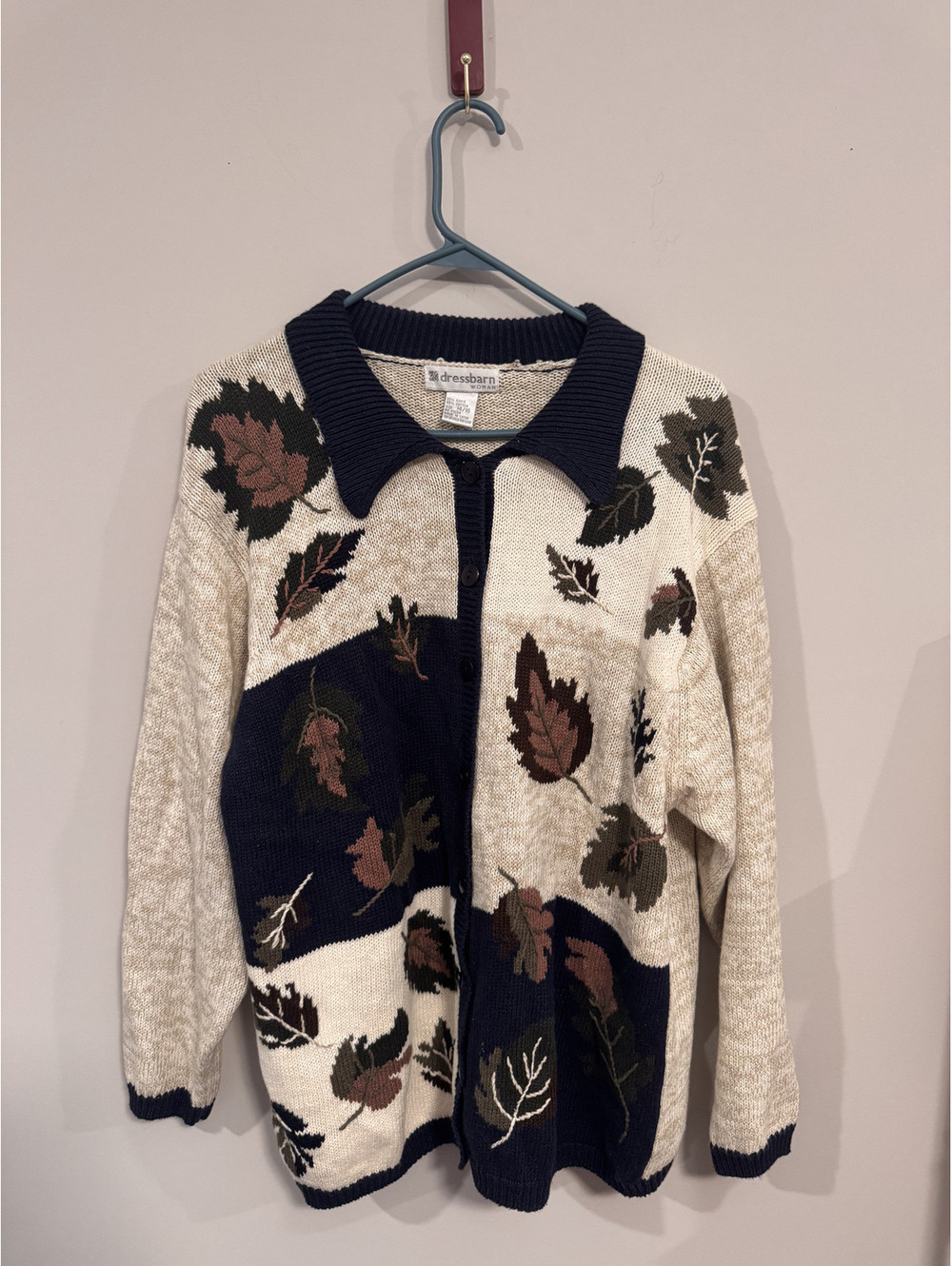 Vintage Dressbarn Leaf Autumn Print Knit Sweater Cardigan Womens 14/16